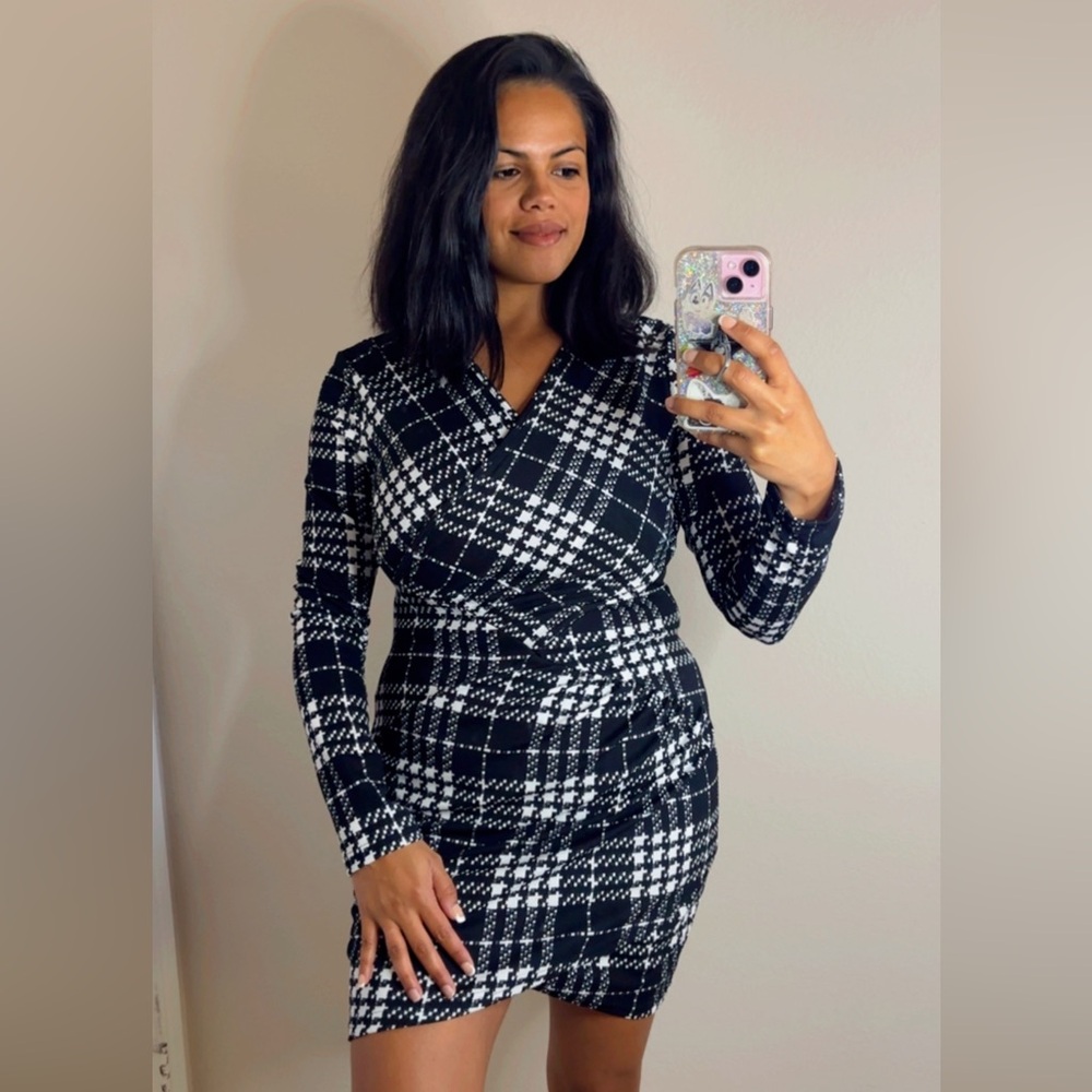 SHEIN Black White Long Sleeve Houndstooth Faux Wrap Dress